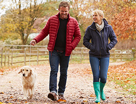 Couple walking a dog during autumn